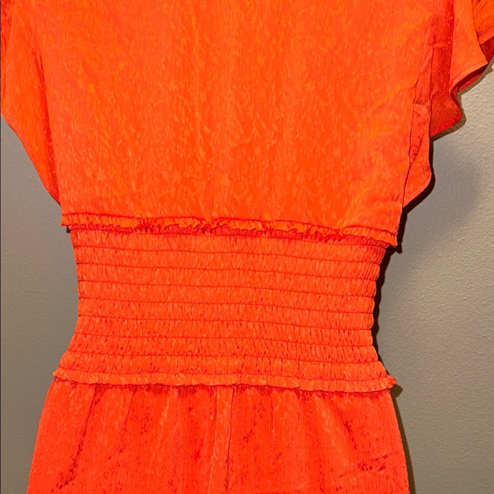 Leith Orange Red Smocked Midi Dress V-Neck Flutter Sleeve Side Slit Size XS - Picture 11 of 12